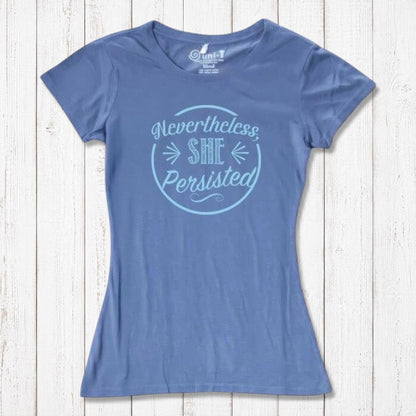 Periwinkle blue women's 'Nevertheless She Persisted' t-shirt with light blue text. Eco-conscious bamboo and organic cotton top by Uni-T.