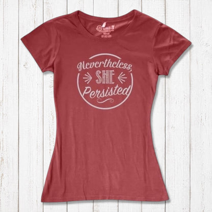 Coral red 'Nevertheless She Persisted' women's tee with white text. Eco-friendly bamboo and organic cotton feminist shirt by Uni-T.