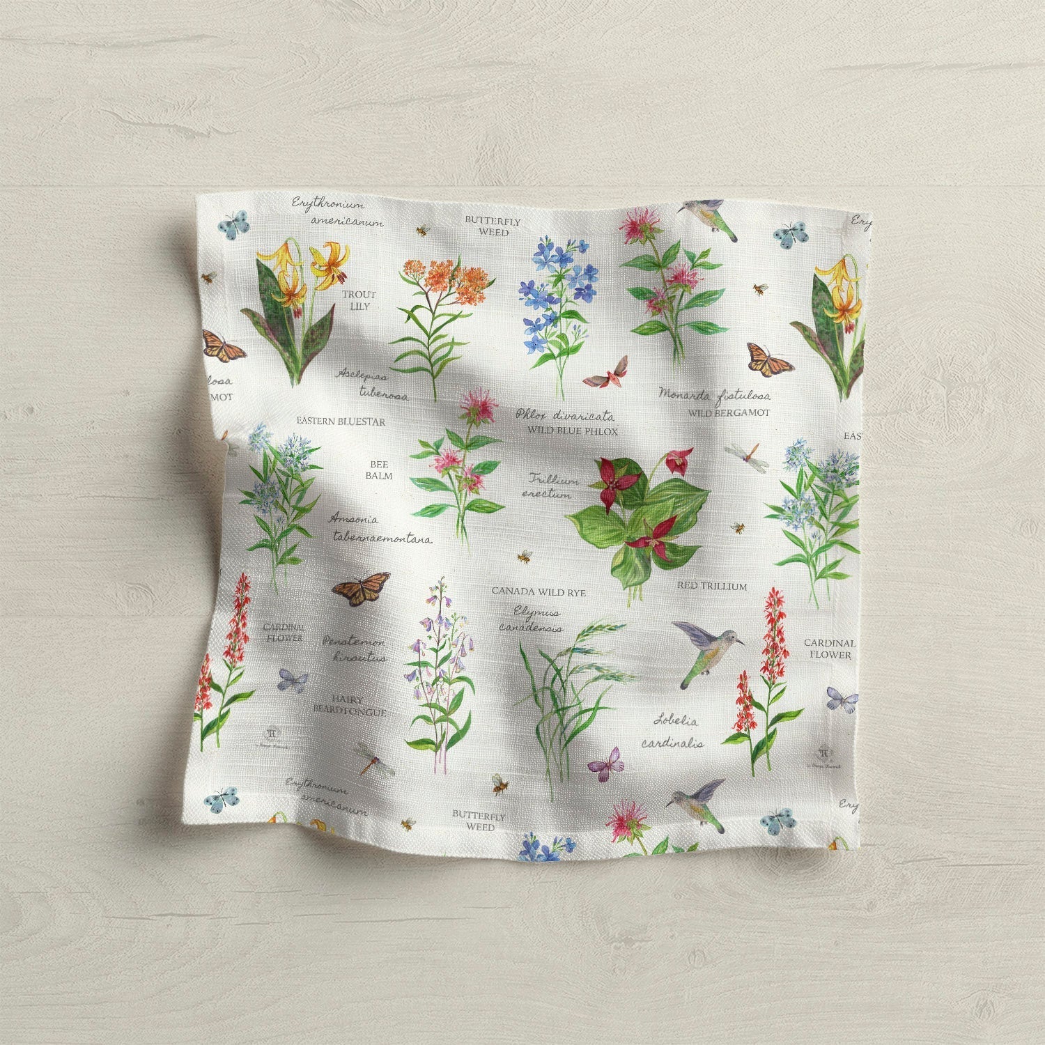 Botanical print cloth napkin with flowers and insects