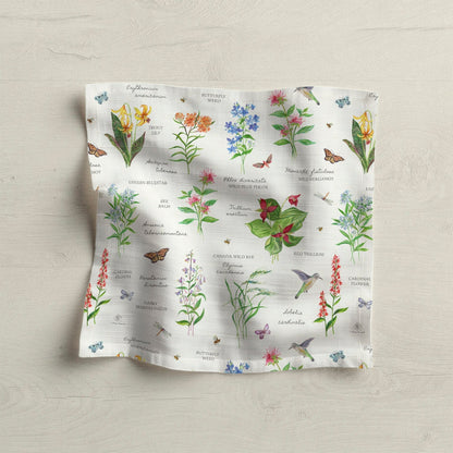 Botanical print cloth napkin with flowers and insects