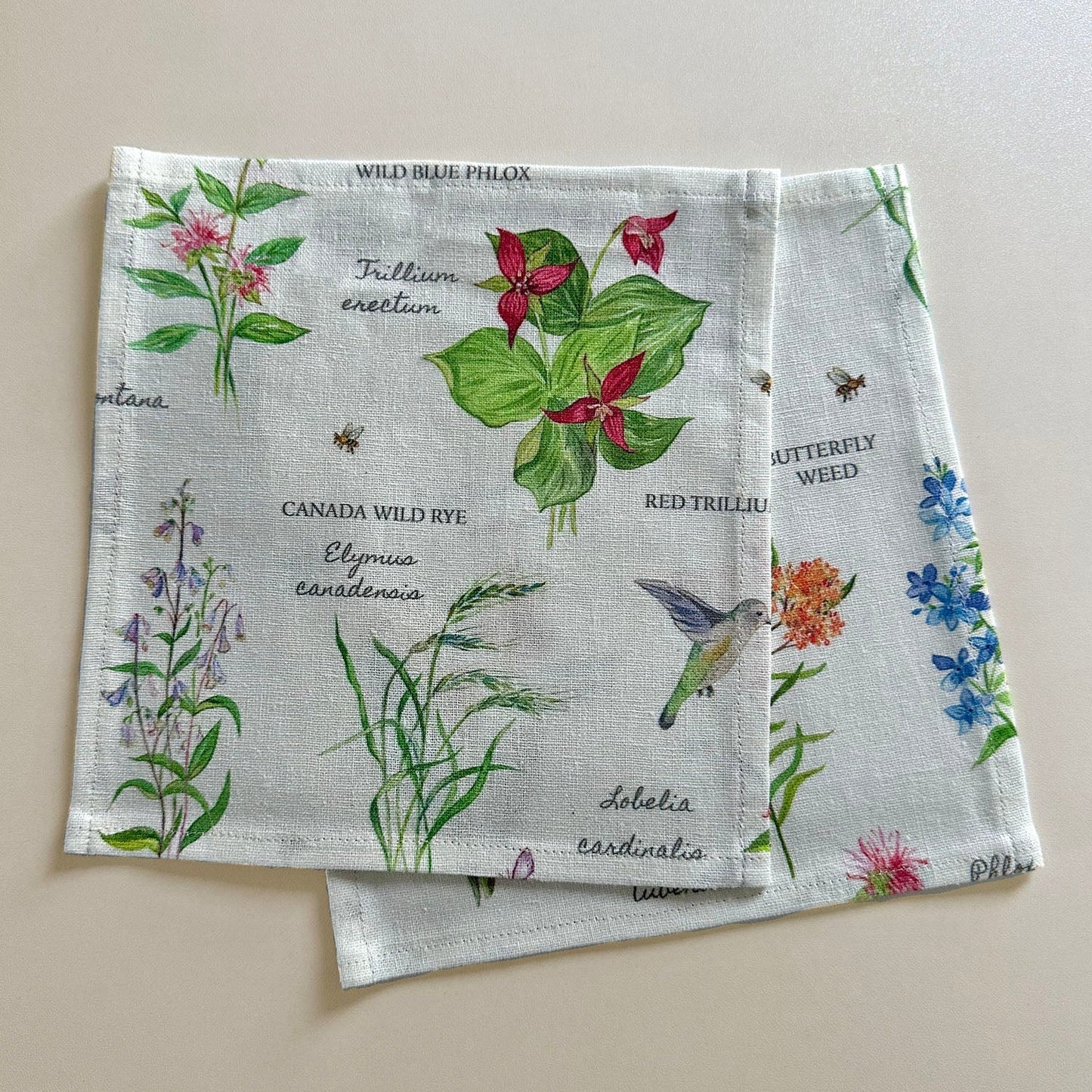 Floral printed cloth napkin with botanical illustrations