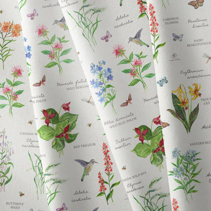 Botanical fabric napkin with hummingbirds and flowers