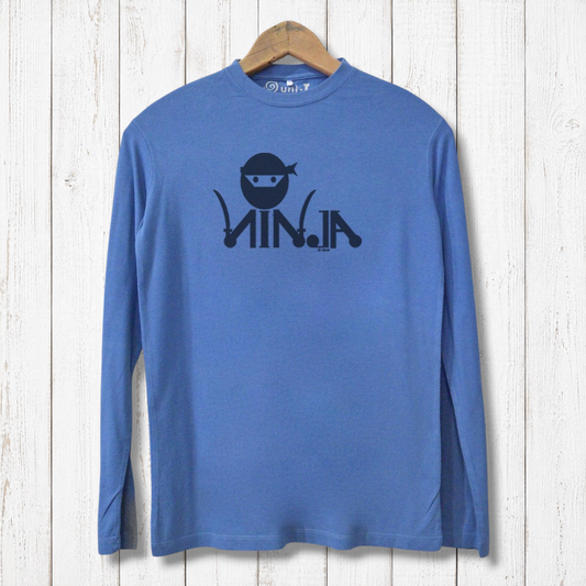 Blue Ninja Long Sleeve T-shirt for Men made from organic cotton and bamboo, featuring eco-friendly breathable fabric and ninja graphic design.
