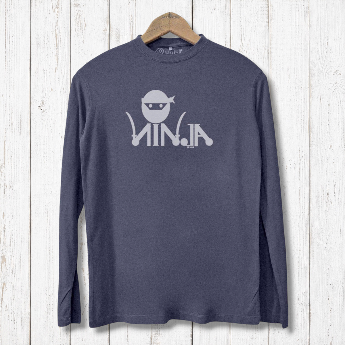 Dark gray Ninja Long Sleeve T-shirt for Men crafted from sustainable bamboo and organic cotton with a bold ninja print, ideal for eco-conscious wearers.