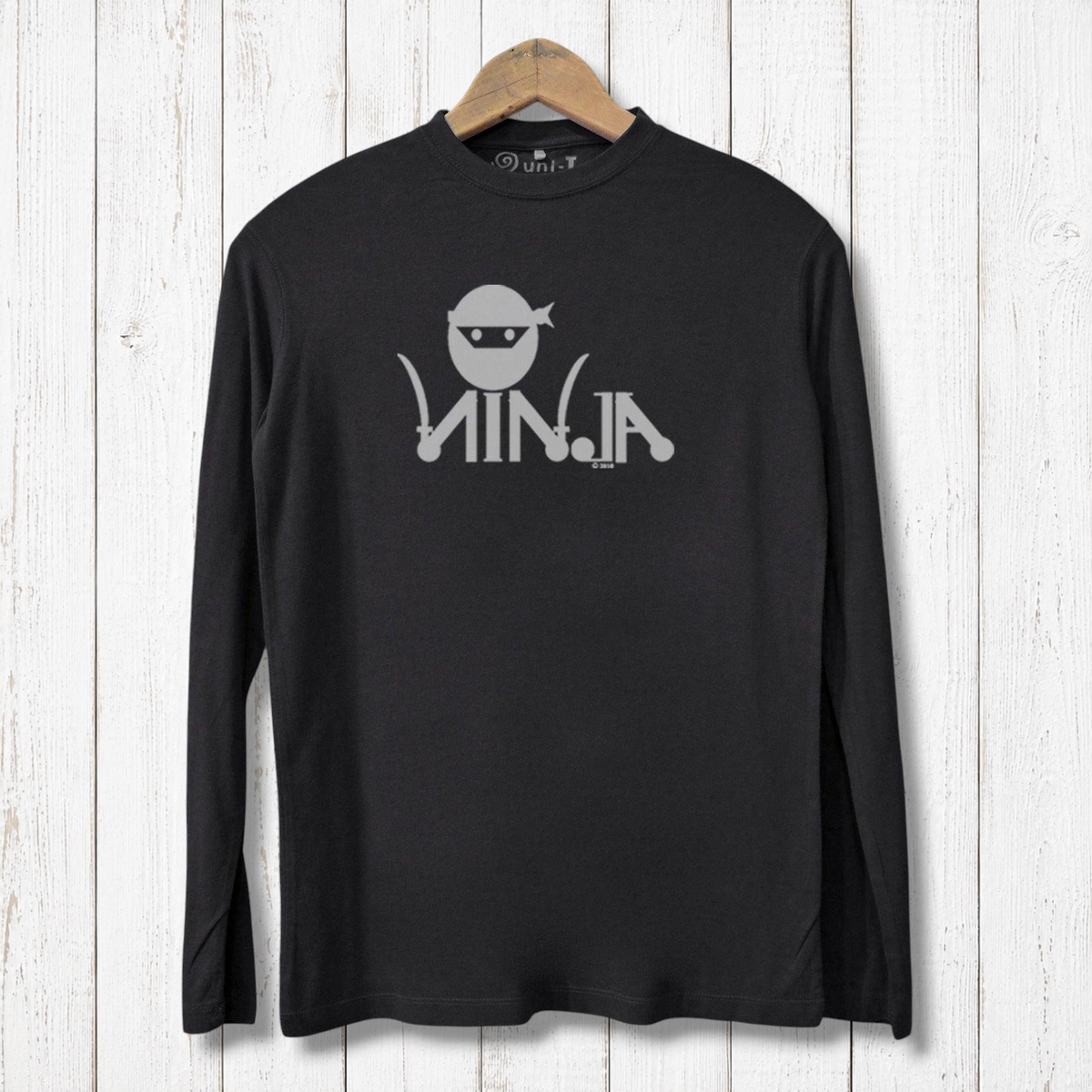 Black Ninja Long Sleeve T-shirt for Men in organic cotton and bamboo blend, showcasing a stylish ninja graphic for martial arts and fitness fans.