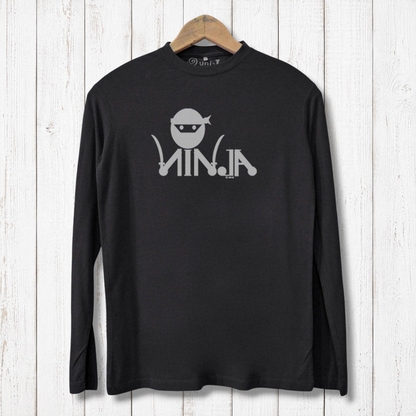 Black Ninja Long Sleeve T-shirt for Men in organic cotton and bamboo blend, showcasing a stylish ninja graphic for martial arts and fitness fans.