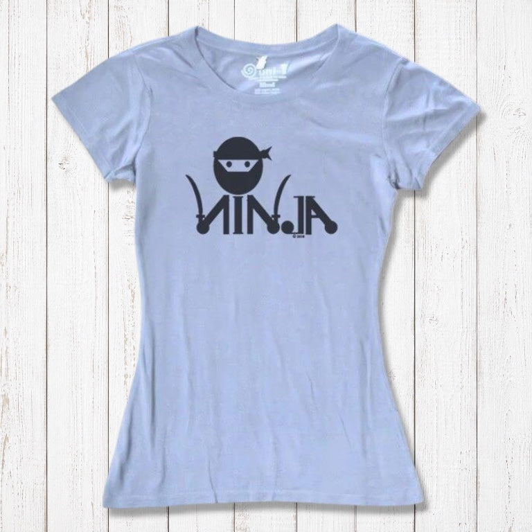 Light blue Women's Ninja T-Shirt made from bamboo & organic cotton, featuring funny 'Strike More' ninja graphic for martial arts lovers.