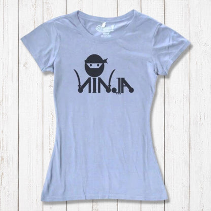 Light blue Women's Ninja T-Shirt made from bamboo & organic cotton, featuring funny 'Strike More' ninja graphic for martial arts lovers.