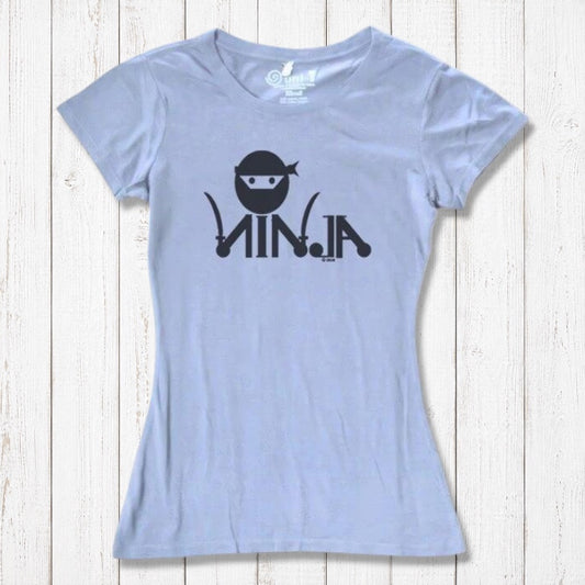 Light blue Women's Ninja T-Shirt made from bamboo & organic cotton, featuring funny 'Strike More' ninja graphic for martial arts lovers.