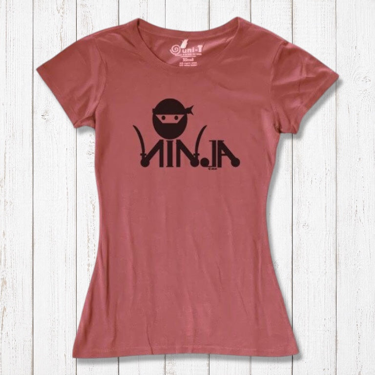 Rust red Women's Ninja T-Shirt featuring black ninja print, made from soft bamboo & organic cotton for martial arts fans.