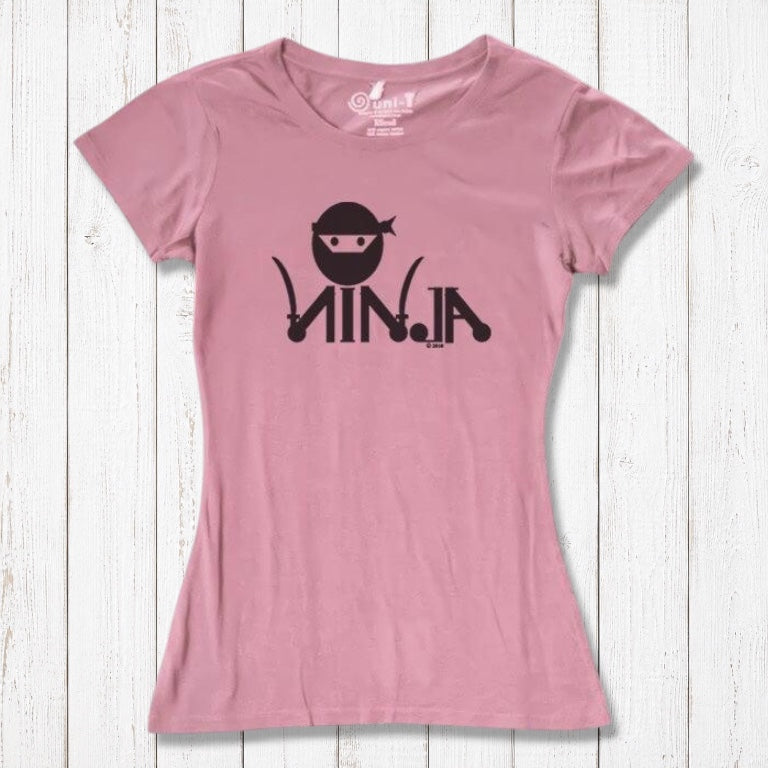 Pink Women's Ninja T-Shirt with black ninja design, eco-friendly bamboo & organic cotton blend, fun gift for karate lovers.