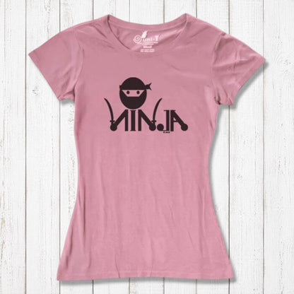 Pink Women's Ninja T-Shirt with black ninja design, eco-friendly bamboo & organic cotton blend, fun gift for karate lovers.
