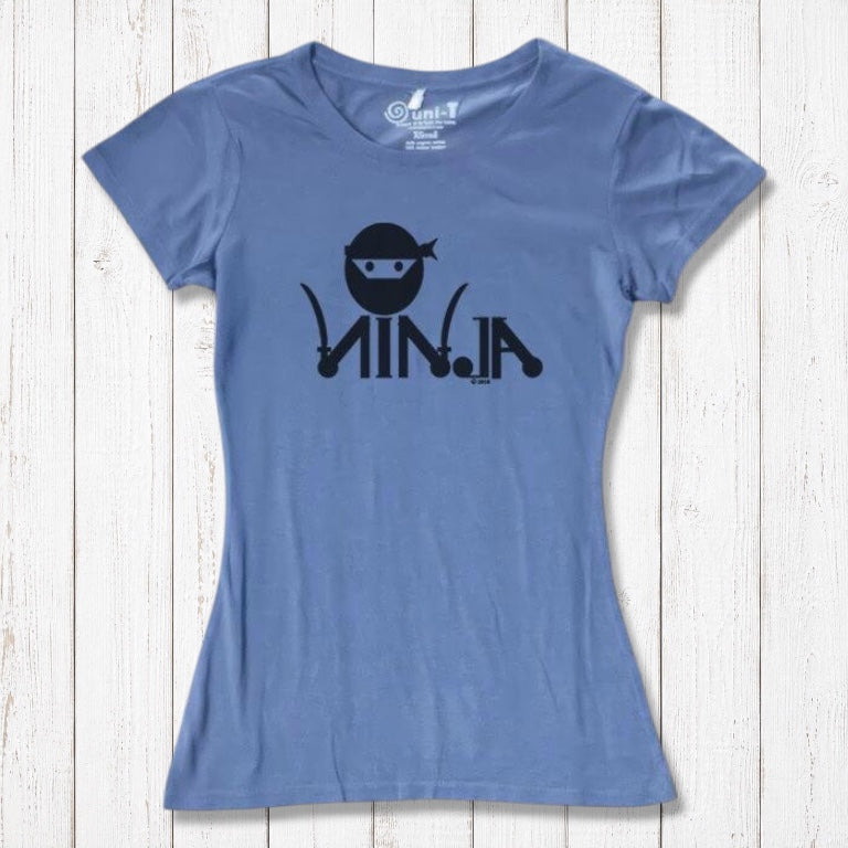 Blue Women's Ninja T-Shirt with dark ninja graphic, made from bamboo & organic cotton, humorous tee for martial arts fans.