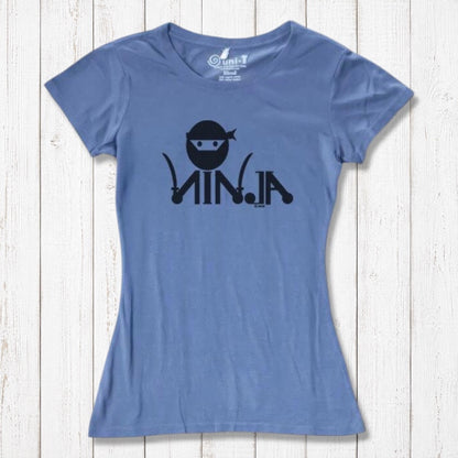 Blue Women's Ninja T-Shirt with dark ninja graphic, made from bamboo & organic cotton, humorous tee for martial arts fans.