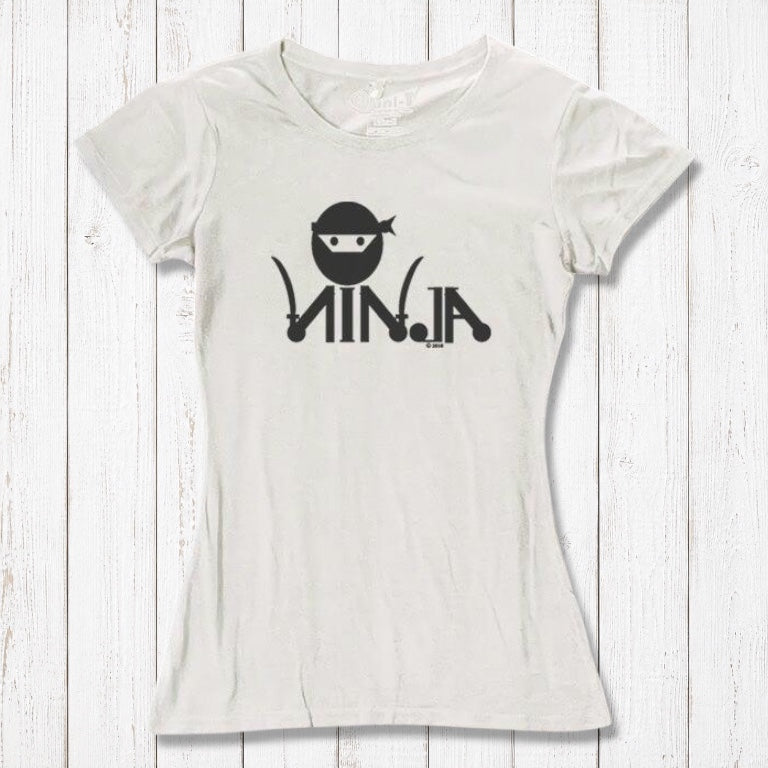 Cream Women's Ninja T-Shirt with black ninja print, sustainable bamboo & organic cotton tee for karate and MMA enthusiasts.
