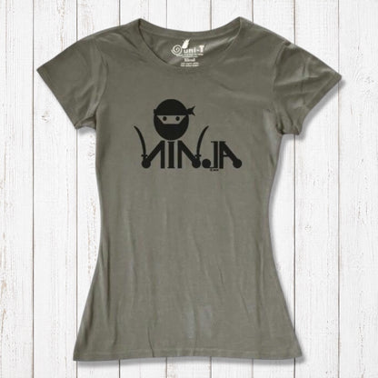 Olive green Women's Ninja T-Shirt in bamboo & organic cotton, featuring black ninja graphic, ideal for martial arts humor lovers.