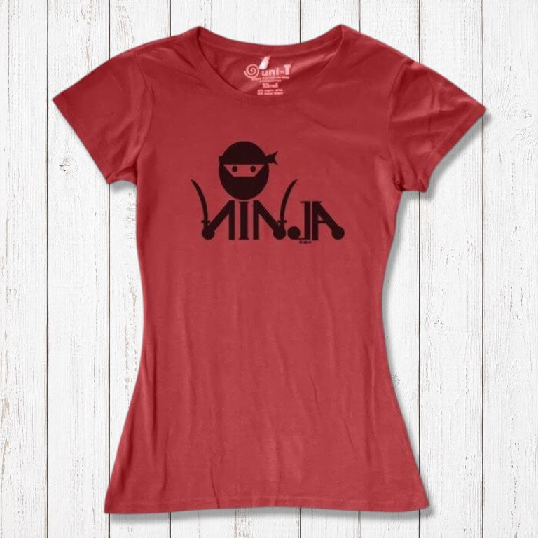 Red Women's Ninja T-Shirt with black ninja design, made from bamboo & organic cotton, perfect funny gift for MMA fans.