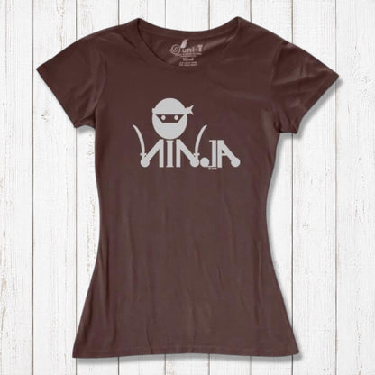 Brown Women's Ninja T-Shirt with white ninja graphic, eco-friendly bamboo & organic cotton blend for martial arts fans.