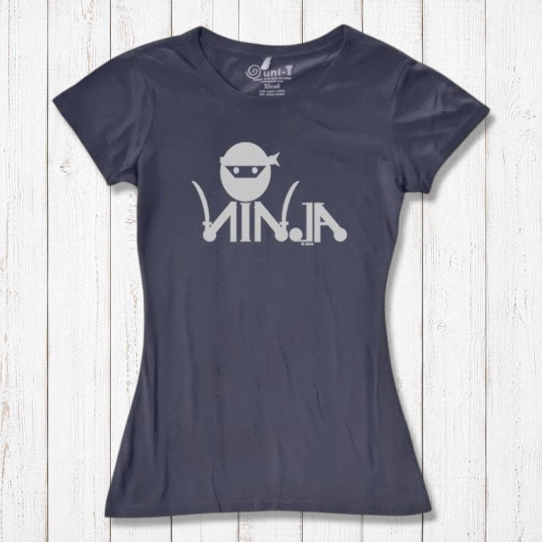 Charcoal Women's Ninja T-Shirt with white ninja print, crafted from bamboo & organic cotton for humorous martial arts style.