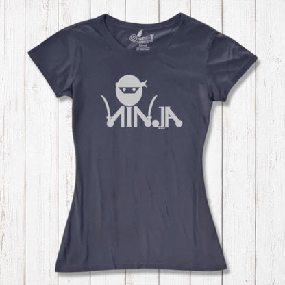 Charcoal Women's Ninja T-Shirt with white ninja print, crafted from bamboo & organic cotton for humorous martial arts style.