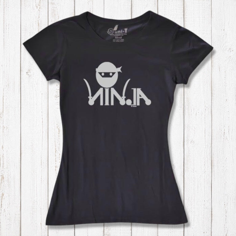 Black Women's Ninja T-Shirt with white ninja graphic, sustainable bamboo & organic cotton tee for karate and MMA fans.
