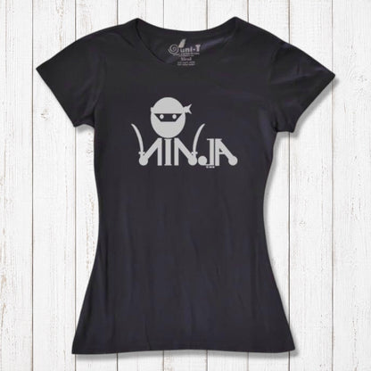 Black Women's Ninja T-Shirt with white ninja graphic, sustainable bamboo & organic cotton tee for karate and MMA fans.