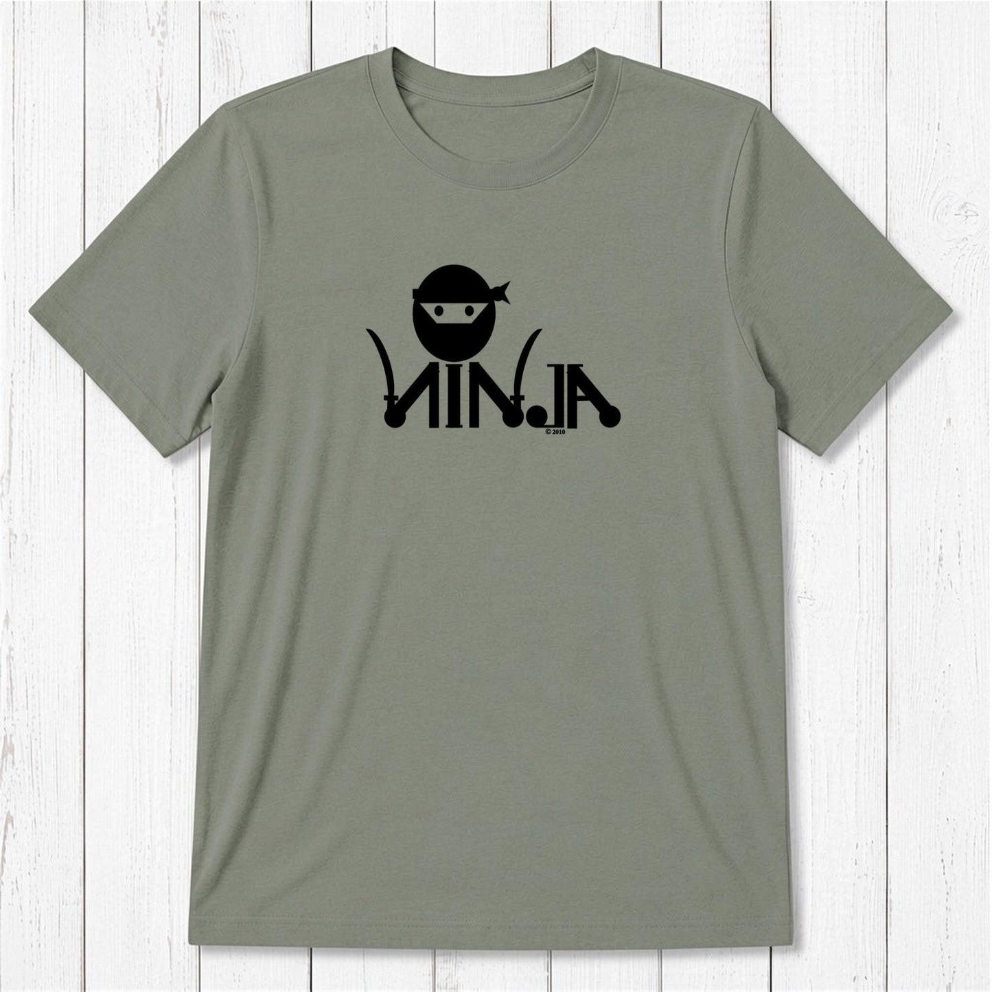 Olive green Men's Ninja T-Shirt made from bamboo & organic cotton, featuring bold black ninja graphic, perfect for martial arts lovers.