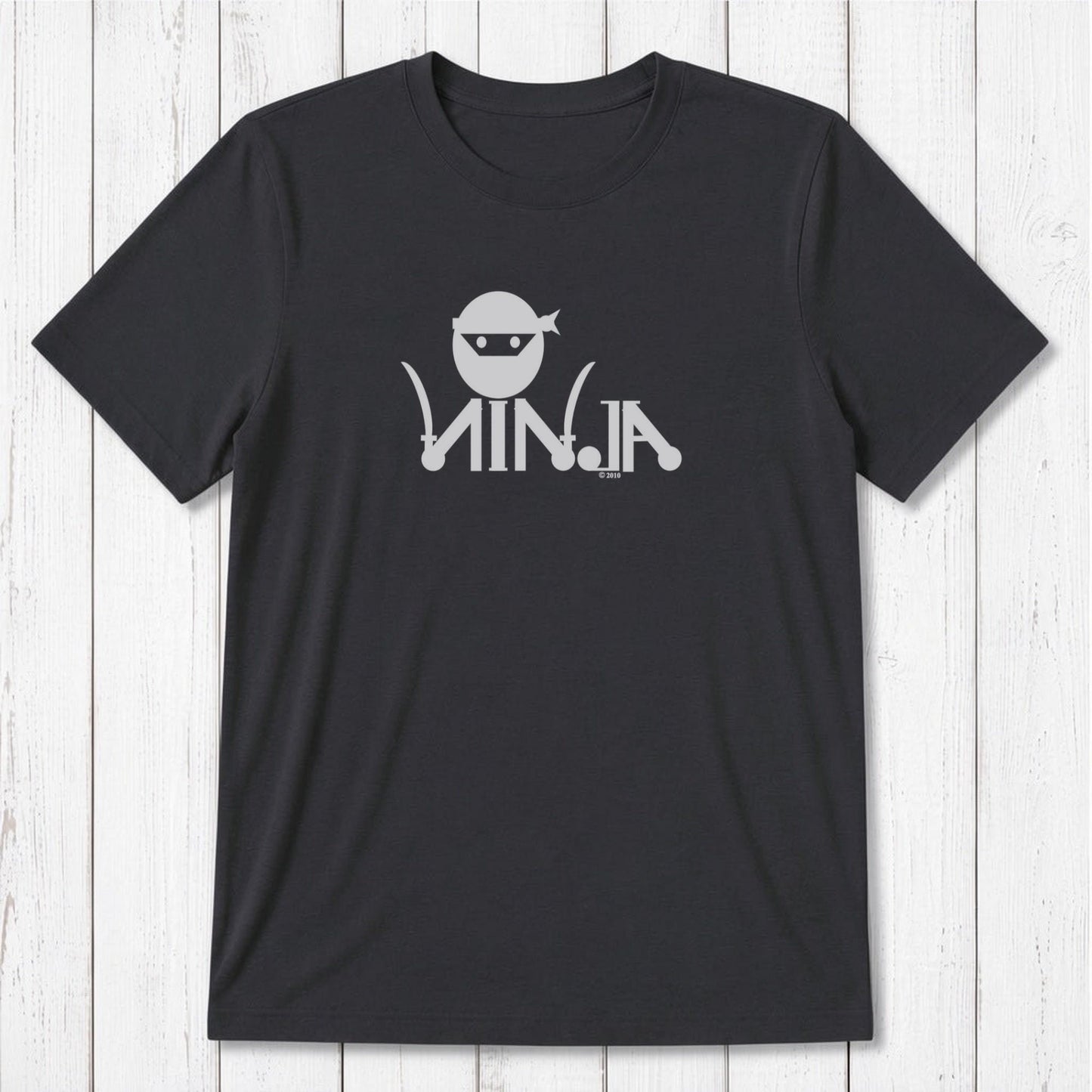 Charcoal black Men's Ninja T-Shirt in bamboo & organic cotton with light grey ninja graphic, funny and sustainable martial arts tee.
