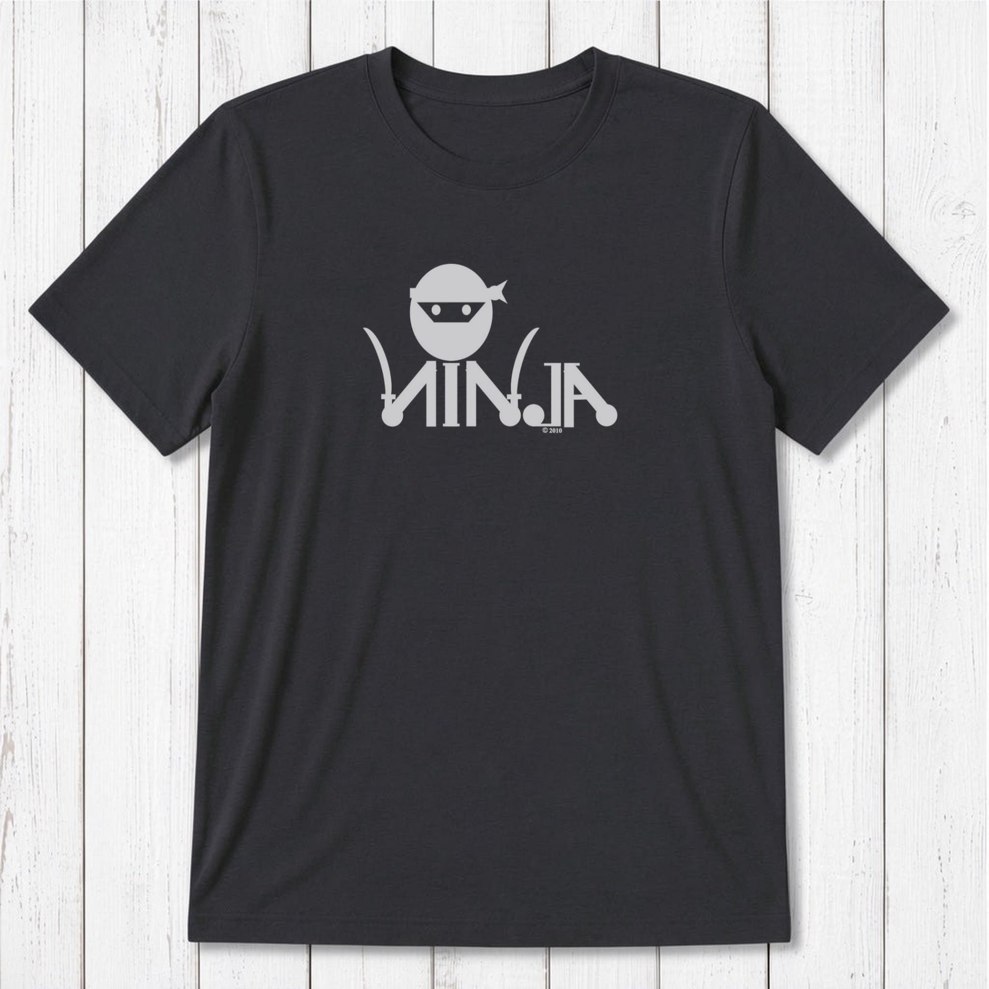 Charcoal black Men's Ninja T-Shirt in bamboo & organic cotton with light grey ninja graphic, funny and sustainable martial arts tee.