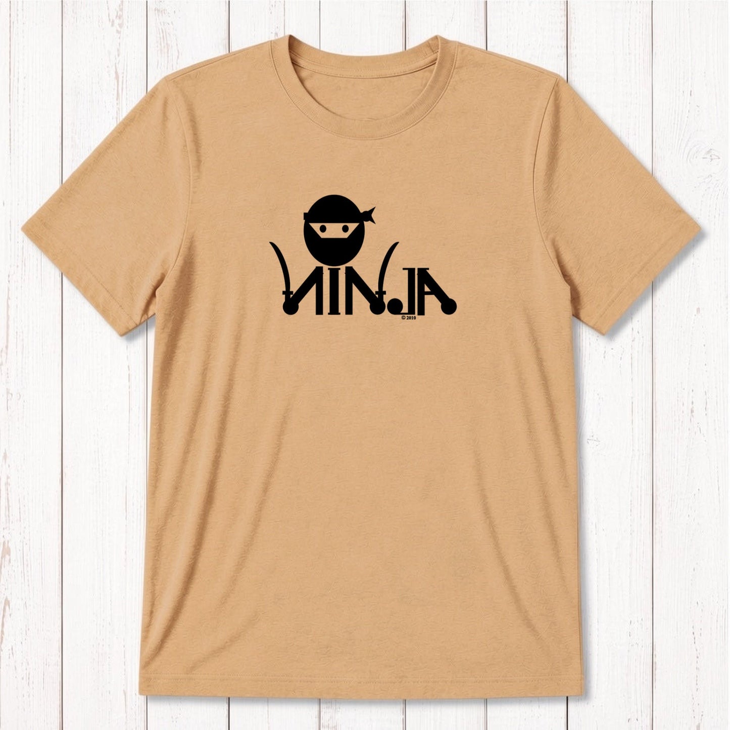 Tan Men's Ninja T-Shirt crafted from bamboo & organic cotton, showcasing black ninja graphic with 'Stealth Mode' text in classic fit.