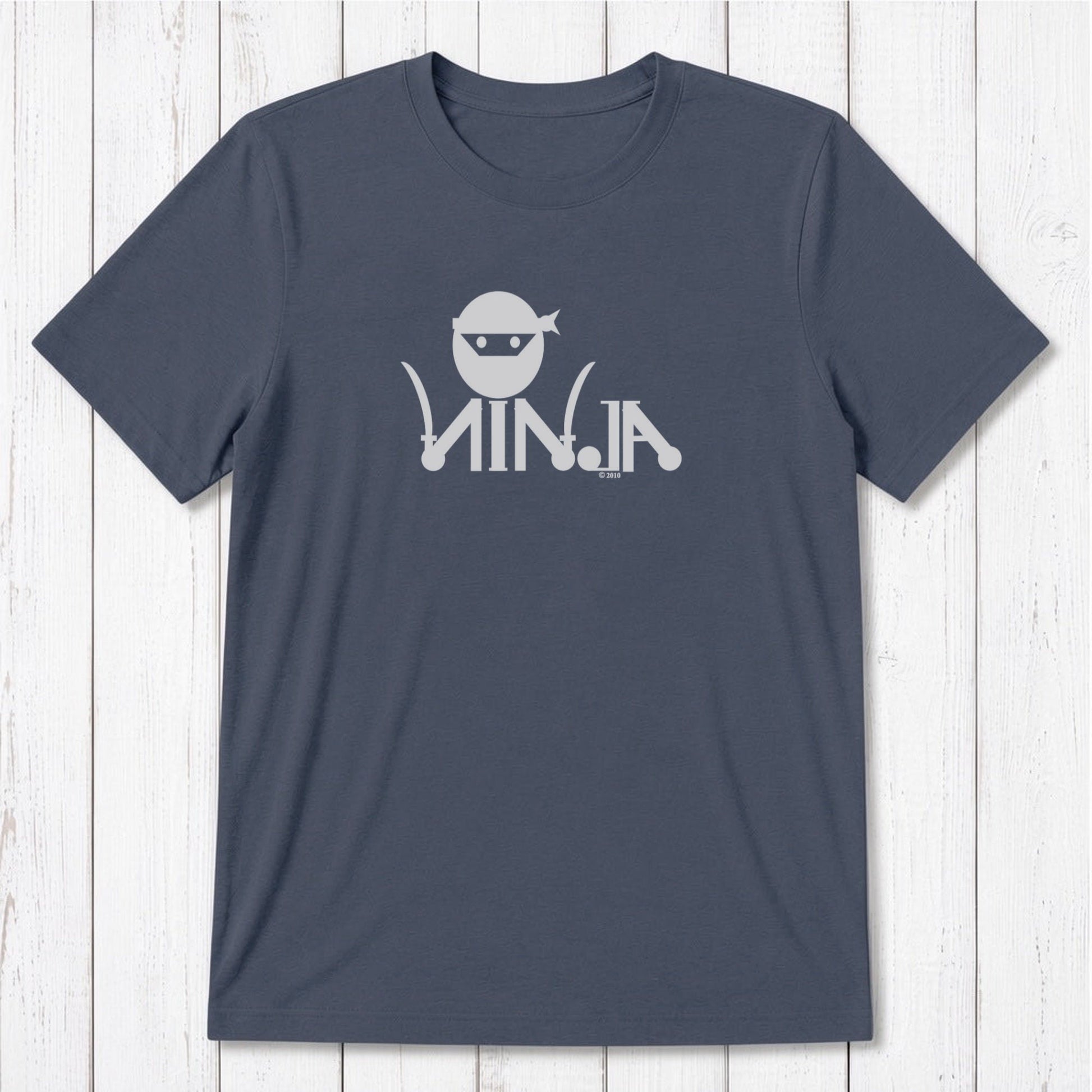 Slate blue Men's Ninja T-Shirt in bamboo & organic cotton with light ninja graphic, eco-friendly gift for karate and MMA fans.