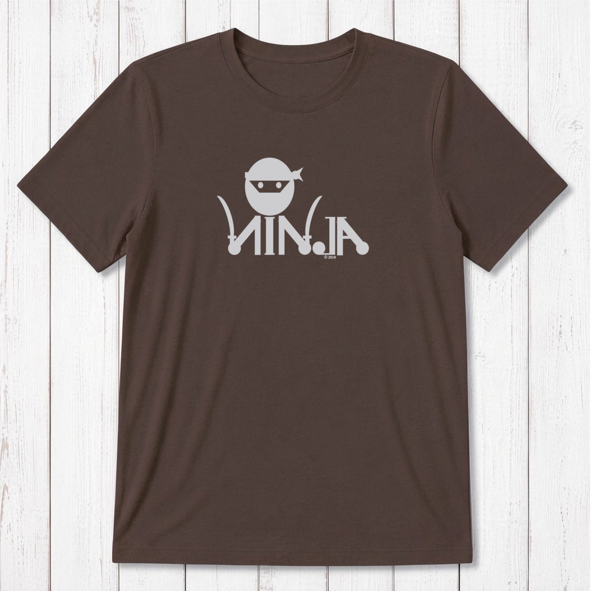 Brown Men's Ninja T-Shirt made of bamboo & organic cotton, featuring light grey ninja graphic, humorous martial arts themed tee.