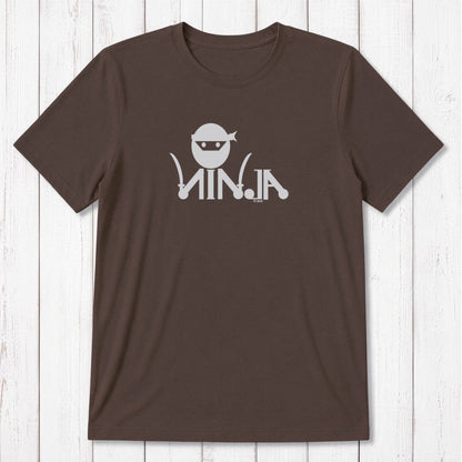 Brown Men's Ninja T-Shirt made of bamboo & organic cotton, featuring light grey ninja graphic, humorous martial arts themed tee.