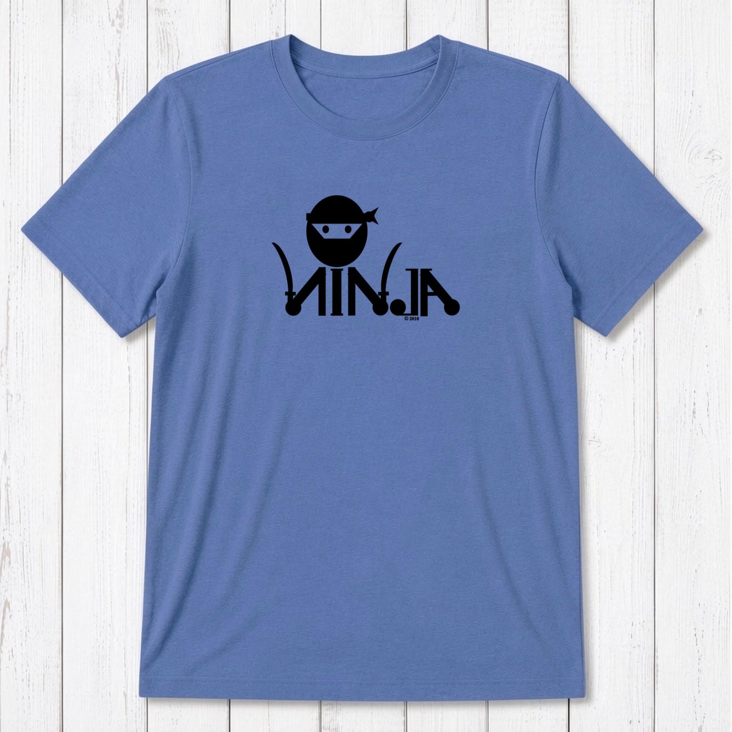 Sky blue Men's Ninja T-Shirt in bamboo & organic cotton with black ninja graphic, sustainable classic fit tee for martial arts fans.
