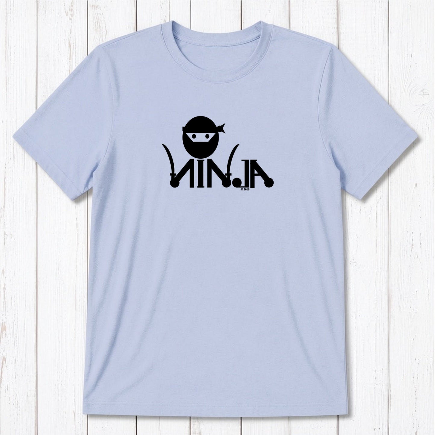 Light blue Men's Ninja T-Shirt in bamboo & organic cotton with dark ninja graphic, soft and sustainable martial arts themed tee.