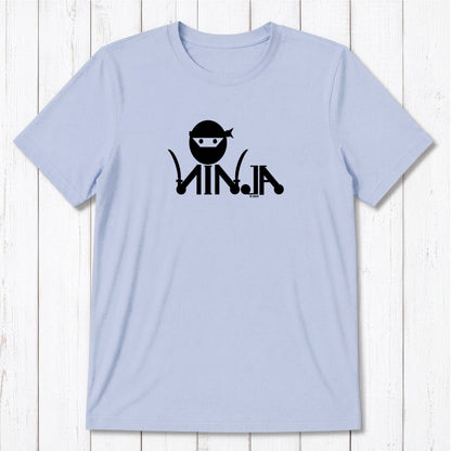 Light blue Men's Ninja T-Shirt in bamboo & organic cotton with dark ninja graphic, soft and sustainable martial arts themed tee.