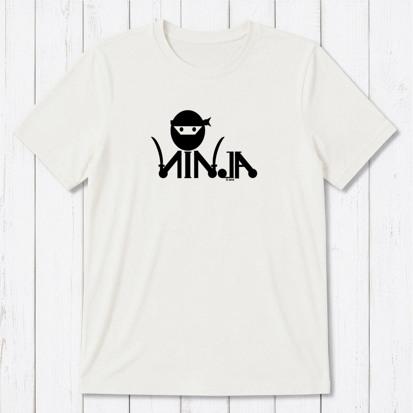 White Men's Ninja T-Shirt in bamboo & organic cotton with black ninja graphic, eco-friendly and funny gift for martial arts fans.