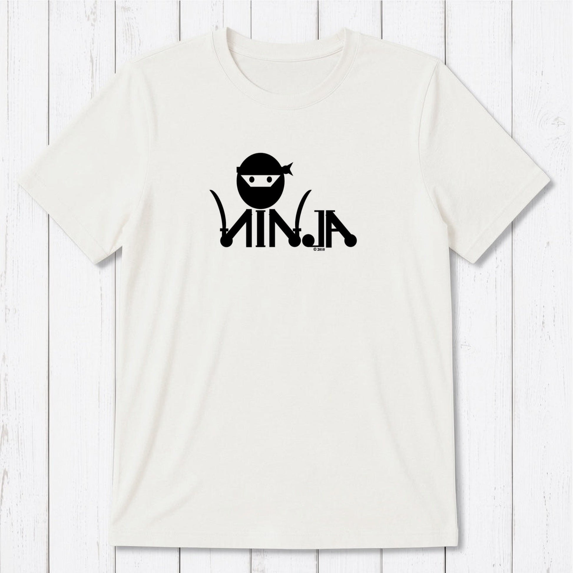White Men's Ninja T-Shirt in bamboo & organic cotton with black ninja graphic, eco-friendly and funny gift for martial arts fans.