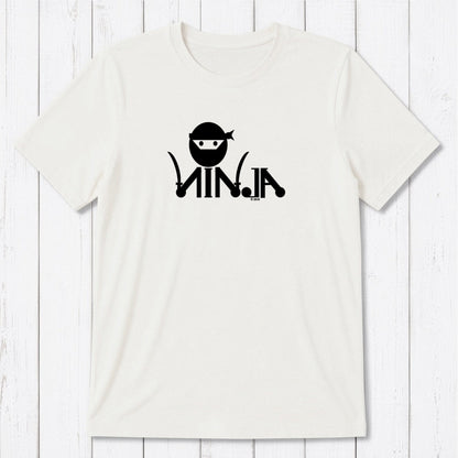 White Men's Ninja T-Shirt in bamboo & organic cotton with black ninja graphic, eco-friendly and funny gift for martial arts fans.
