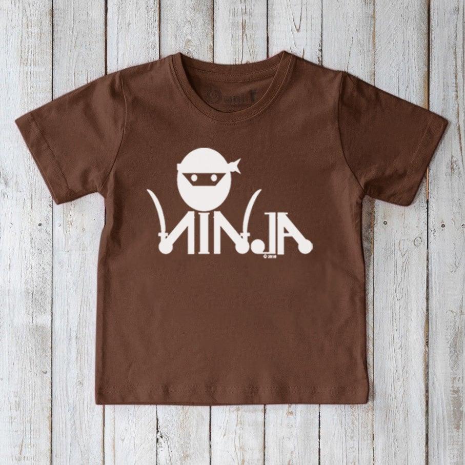 Kids' Ninja Organic Cotton T-Shirt in brown with playful white ninja graphic, eco-friendly martial arts inspired tee by Uni-T for children.