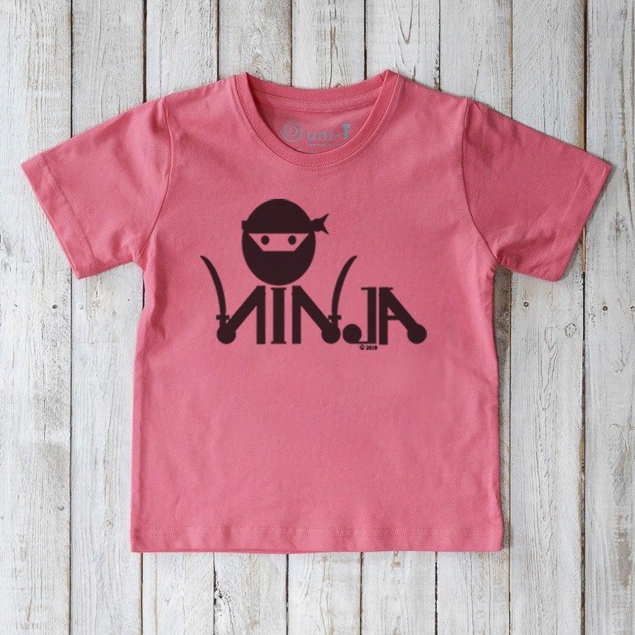 Pink Kids' Ninja Organic Cotton T-Shirt with black ninja graphic, fun and sustainable martial arts themed tee for children by Uni-T.