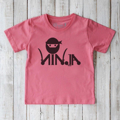 Pink Kids' Ninja Organic Cotton T-Shirt with black ninja graphic, fun and sustainable martial arts themed tee for children by Uni-T.