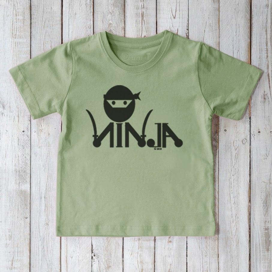 Light green Kids' Ninja Organic Cotton T-Shirt with black ninja design, eco-conscious and energetic top for playful kids by Uni-T.