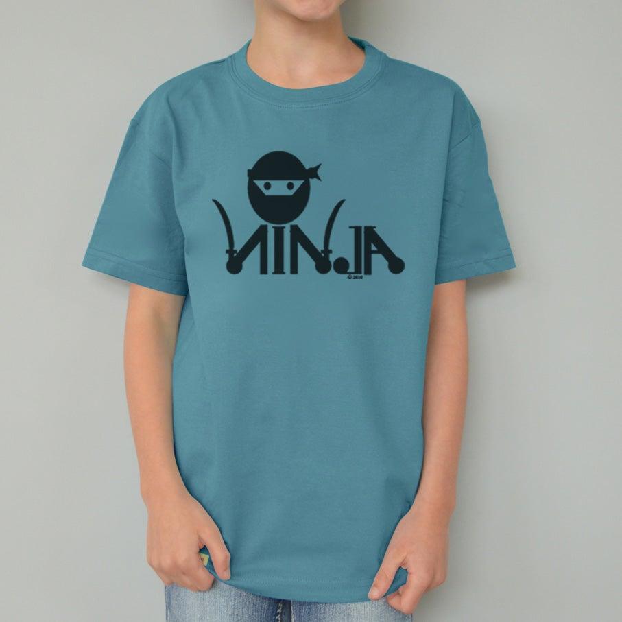 Child wearing teal Kids' Ninja Organic Cotton T-Shirt with bold black ninja print, sustainable and playful top by Uni-T for active kids.