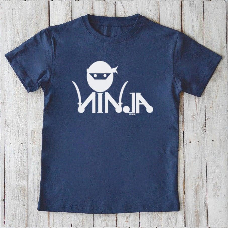 Navy blue Kids' Ninja Organic Cotton T-Shirt with white ninja graphic, eco-friendly and fun martial arts inspired tee by Uni-T for children.