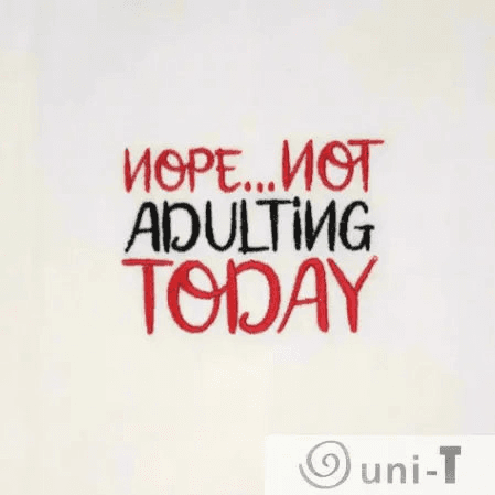 Close-up of Nope... not adulting Towel - Funny Embroidered Towel text in red and black, showcasing detailed stitching and playful message.