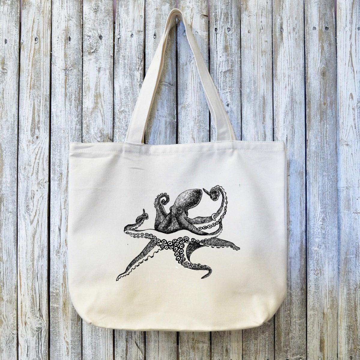 Octopus Canvas Tote Bag - Octopus Gift | Organic Cotton featuring a detailed black octopus illustration on a natural organic canvas background. Eco-friendly and ideal for ocean lovers.