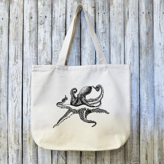 Octopus Canvas Tote Bag - Octopus Gift | Organic Cotton featuring a detailed black octopus illustration on a natural organic canvas background. Eco-friendly and ideal for ocean lovers.