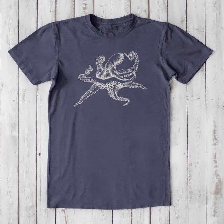 Men's Octopus T-Shirt in navy bamboo and organic cotton, classic fit with white ocean creature graphic, eco-conscious marine life apparel.