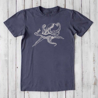 Men's Octopus T-Shirt in navy bamboo and organic cotton, classic fit with white ocean creature graphic, eco-conscious marine life apparel.